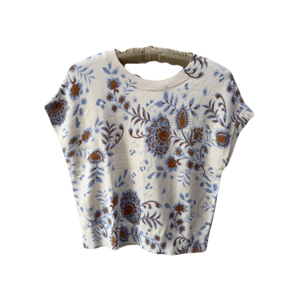 NEW WITH TAGS Loft Floral Refined Wedge Sweater Tee Ivory Brown Blue Size Small - Picture 2 of 8
